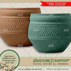 Vasos de flores Set2 Clip Art digital por AwesomeScrapper - PNGs de alta qualidade, 300 DPI, conjunto de 14, vasos de flores de terracota coloridos