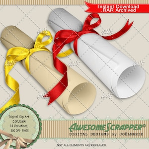 Diplom oder Scroll Digital Clip Art von AwesomeScrapper - Hochwertig, 300 DPI PNGs, 14er Set, Dokument, Pergament, Abschluss, Zertifikat