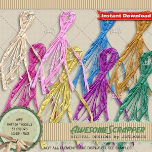 Raffia Tassels Digital Clipart by AwesomeScrapper - Set of 53 Colors, High Quality 300 DPI PNGs - Scrapbooking, Card Creation, etc.