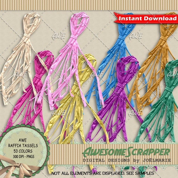Raffia Tassels Digital Clipart by AwesomeScrapper - Set of 53 Colors, High Quality 300 DPI PNGs - Scrapbooking, Card Creation, etc.