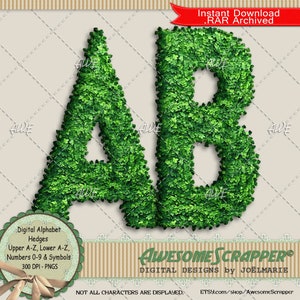 Hedges Digital Alphabet by AwesomeScrapper - High Quality, 300 DPI PNGs, Green, Leaved, Shrubs, Bushes, Topiary, Garden, Plants