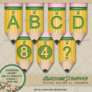 Clipart Digital - Alfabeto Ticonderoga, por AwesomeScrapper, Lápis, Amarelo, Maiúsculas, Números e Alguns Símbolos, Alta Qualidade, 300 DPI