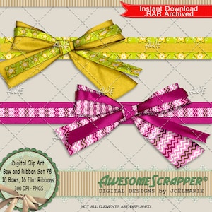 Ribbons and Bows Set 78, Digital Clipart by AwesomeScrapper -  Set of 16 Flat Ribbons and 16 Matching Bows, High Quality, 300 DPI PNGs