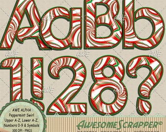 Peppermint Swirl Digital Alphabet by AwesomeScrapper - High Quality, 300 DPI PNGs,  Red, Green and White Swirl Pattern, Christmas.