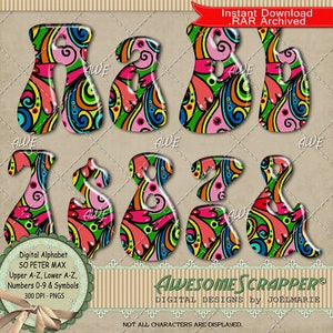 Könnte beinhalten: Ein Satz bunter, psychedelischer Buchstaben und Zahlen. Die Buchstaben sind A, B, und die Zahlen sind 7, 8, und 2. Die Buchstaben und Zahlen sind in einem Farbschema aus Rosa, Grün, Blau und Gelb mit Wirbeln und Punkten. Die Buchstaben und Zahlen sind im 3D-Stil mit glänzender Oberfläche. Der Text "Digital Alphabet SO PETER MAX" befindet sich am unteren Rand des Bildes.