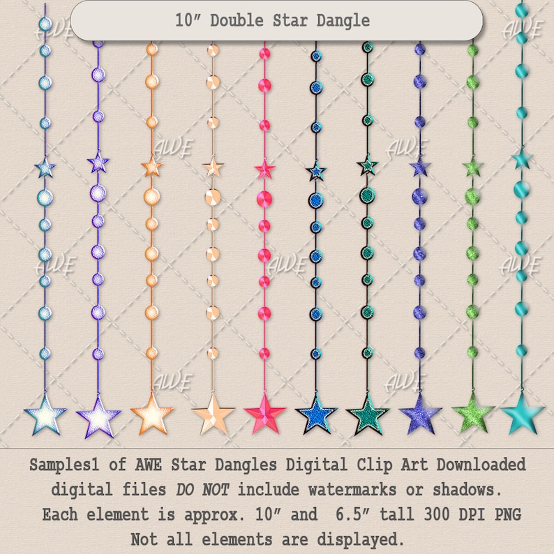 Stringed Stars Textured 65 total PNGs High Quality Star Dangles Digital Clip Art by AwesomeScrapper 300 DPI PNGs Jeweled