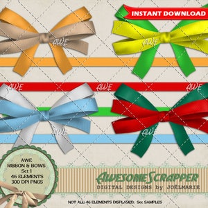 Digital Clipart - Two Toned Bows And Matching Ribbons Set 1, 46 Total Elements, Multicolor, High Quality 300 DPI PNGs