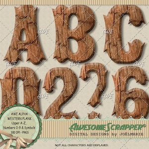 Alfabeto digital Western Plank, de AwesomeScrapper - Mayúsculas A-Z, números 0-9, símbolos, madera cincelada, alta calidad, PNG de 300 DPI