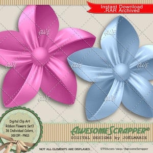 Ribbon Flower Set3 Digital Clip Art de AwesomeScrapper - Alta calidad, PNG de 300 DPI, conjunto de 36, cinta satinada, varios colores, elementos