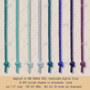 May include: Samples of 7.5 inch long, 300 DPI digital download images of various colors of cord. The cord is a braided rope-like material. The text on the image reads: "Samples 5 of AWE DANGLE CORD. Downloaded digital files DO NOT include shadows or watermarks. cords are 7.5" long - 300 DPI PNGs. Not All 58 cords are displayed."