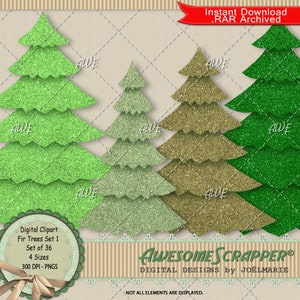 Clipart digital de abetos por AwesomeScrapper - PNGs de alta qualidade, 300 DPI, um conjunto de 36 árvores estilizadas. 2 formatos, 4 tamanhos, várias cores.
