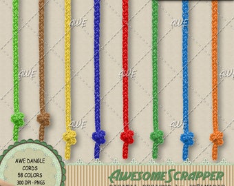 Dangle Cords Digital Clipart, by AwesomeScrapper - Set of 58 Colors - Braided Texture and Knotted, High Quality, 300DPI PNGs 7.5" Long