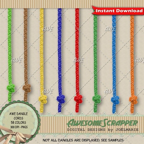 Dangle Cords Digital Clipart, by AwesomeScrapper - Set of 58 Colors - Braided Texture and Knotted, High Quality, 300DPI PNGs 7.5" Long