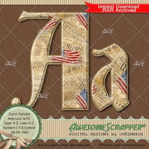 May include: A digital graphic featuring the uppercase and lowercase letter A, decorated with a vintage parchment texture printed with historical text and American flag motifs. The letters have a gold-toned border and a glossy, dimensional appearance.