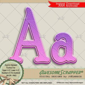 May include: A digital alphabet clipart set featuring the letters A and a in a fuchsia pink and purple gradient. The letters have a textured, embossed look and a white outline. The letters are 300 DPI and in PNG format.