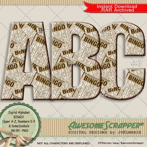 BINGO! Alfabeto digitale di AwesomeScrapper - Alta qualità, PNG da 300 DPI, marrone, abbronzatura, carte da bingo, modello leggermente angosciato