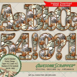 Pocket Change Alphabet di AwesomeScrapper - Alta qualità, 300 DPI PNG, Monete, Penny, Nichel, Quarti, Dimes, Denaro, Valuta, Cambiamo