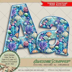 Alfabeto Digital Under The Sea por AwesomeScrapper - PNGs de alta qualidade, 300 DPI, Água, Conchas, Fundo do Mar, Azul, Roxo, Verde, Rosa