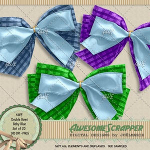 May include: Set of 20 blue and white gingham double bows with light blue satin ribbon. The bows are arranged in a staggered pattern on a beige background. The text "AWE Double Bows Baby Blue Set of 20 300 DPI - PNGS" is in the lower left corner. The text "AWESOME SCRAPPER DIGITAL DESIGNS by JOËLMARIE" is in the lower right corner. The text "NOT ALL ELEMENTS ARE DISPLAYED. SEE SAMPLES" is in the lower center.