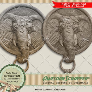 Conjunto de aldravas de porta5 clipart digital por AwesomeScrapper, conjunto de 10, aldravas antigas, elefante, vários acabamentos, PNGs individuais