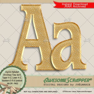 Kersttijd Set3 Digitaal Alfabet van AwesomeScrapper, Hoge kwaliteit 300 DPI PNGs, Goud, Wit, Stippen, Vakantie, Kerstmis, Nieuwjaar