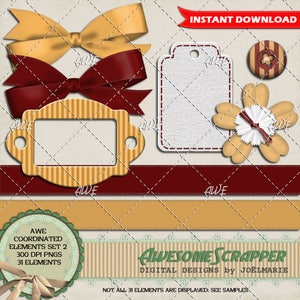 Digital Clipart- AWE Scrapbook Coordinated Elements Set 2 - Or, Bourgogne profond, Blanc, Cadres, Arcs, Cartes de journal - Haute Qualité 300 DPI