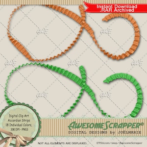 Tiras de acordeón Imágenes prediseñadas digitales de AwesomeScrapper - Alta calidad, PNG de 300 DPI, Juego de 18, Tiras dobladas, Papel, Varios Colores