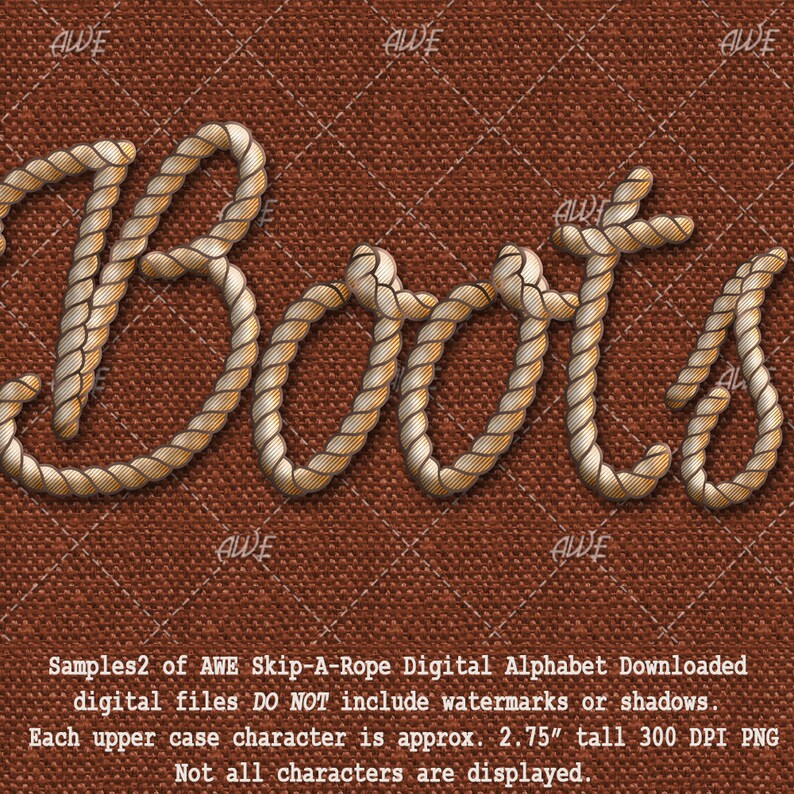 May include: The word "Boots" is spelled out in a rope font. The rope is gold and brown and has a woven texture. The background is a brown canvas.