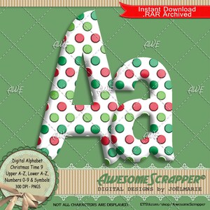 Kersttijdset 9 digitaal alfabet van AwesomeScrapper, hoge kwaliteit 300 DPI PNGs, wit, groen, koraal, Polka Dot, Kerstmis, vakantie