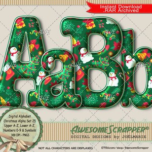May include: Digital Christmas alphabet letters A, B, and D, featuring a green background and festive patterns. The letters are adorned with snowmen, bells, and gift boxes. The image includes the text "Instant Download .RAR Archived".