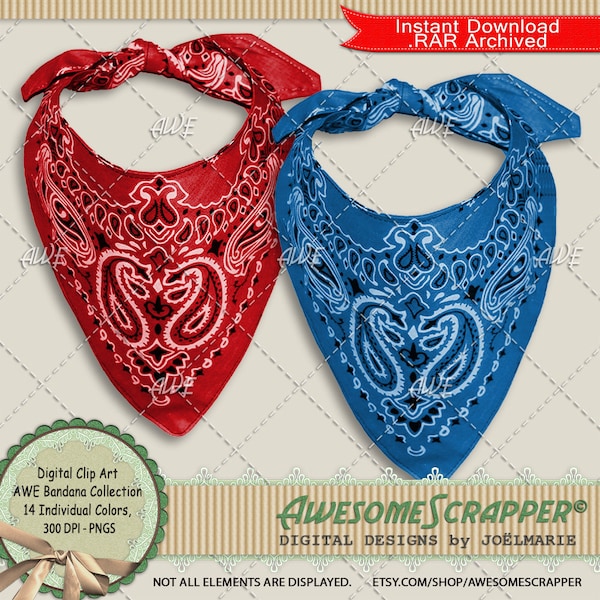 Bandana Collection Digital Clip Art by AwesomeScrapper - High Quality, 300 DPI PNGs, Set of 14, Bandana, Paisley, Scarf, Western, Cowboy