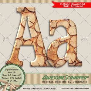 May include: A digital alphabet font in the style of a wood pile. The letters A and a are shown in a brown and beige wood pattern. The font includes upper and lowercase letters, numbers, and symbols. The font is 300 DPI and in PNG format.
