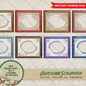 May include: Set of eight digital frames with a variety of colors, including red, brown, blue, and beige. Each frame has a white oval mat and a gold-colored design. The frames are 300 DPI PNGs.