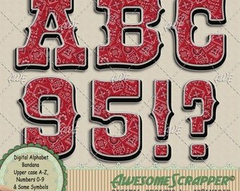 Bandanna Digital Alphabet by AwesomeScrapper - Upper Case A-Z, Numbers, Red Bandana Print and Textured, Western, Cowboy, High Quality PNGs
