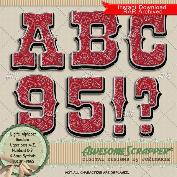 Bandanna Digital Alphabet by AwesomeScrapper - Upper Case A-Z, Numbers, Red Bandana Print and Textured, Western, Cowboy, High Quality PNGs