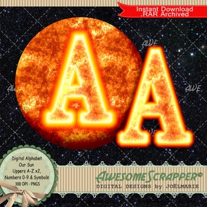 Our Sun Digital Alphabet by AwesomeScrapper - High Quality, 300 DPI PNGs,  Bright Hot, Orange, Yellow, Red, Star, Astrological, Space