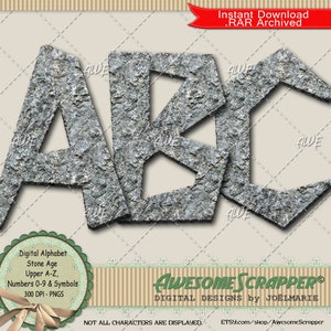 May include: Stone Age alphabet letters A, B, and C in a gray, textured, stone-like design. The letters are outlined in black and have a 3D effect. The letters are set against a white background. The text "Digital Alphabet Stone Age Upper A-Z, Numbers 0-9 & Symbols 300 DPI - PNGS" is in a green circle with a white lace border. The text "AWESOME SCRAPPER® DIGITAL DESIGNS by JOËLMARIE" is in a green rectangle with a white lace border. The text "NOT ALL CHARACTERS ARE DISPLAYED. ETSY.com/shop/AwesomeScrapper" is in black text on a white background.