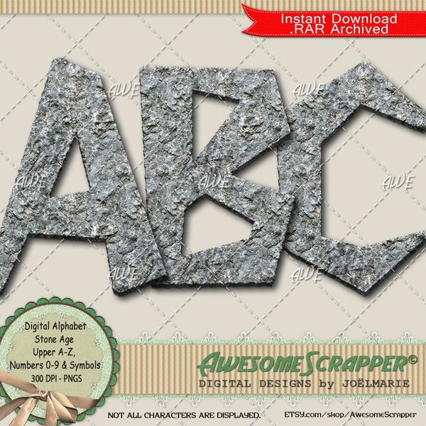 Stone Age Digital Alphabet by AwesomeScrapper,  High Quality 300 DPI PNGs, Stone, Rough, Ancient, Artifact, Chiseled, Primitive