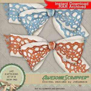 Laços de renda e cetim, clipart digital da AwesomeScrapper - conjunto de 18 PNGs individuais, alta qualidade 300 DPI - várias cores