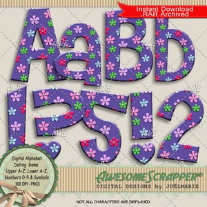 Dating Spiel Digital Alphabet von AwesomeScrapper - Hohe Qualität, 300 DPI PNGs, Retro, Floral, Blumen, Pink, Blau, Grün, Violett, Prägung