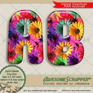 Crazy Daisy Alphabet von AwesomeScrapper - Hochwertig, 300 DPI PNGs, Lila, Blau, Grün, Gelb, Pink, Orange, Gänseblümchen Muster, Floral, Bold