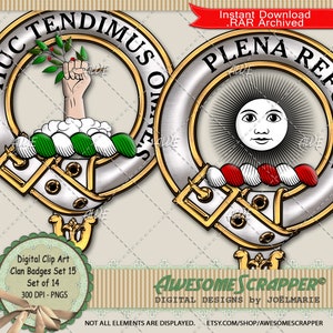 May include: Digital clip art clan badges set. Two circular crests with silver and gold accents. One features a hand holding a branch, the other a sun face. Text includes "TENDIMUS OMNES" and "PLENA REF".