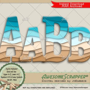 Alfabeto digital de arena y mar de AwesomeScrapper - Alta calidad, PNG de 300 DPI, tonos de azul y marrón, verano, orilla del mar, vacaciones