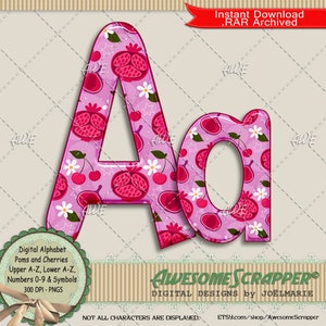 Poms und Kirschen Digital Alphabet von AwesomeScrapper, Hochwertige 300 DPI PNGs, Rosa, Blumen, Granatapfel, Kirschen, Obst, Sommer, Herbst