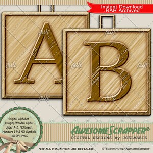 May include: Two wooden alphabet blocks with the letters A and B in a brown font. The blocks are hanging from a string and have a wood grain texture.