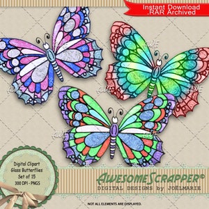 May include: Set of 15 digital clipart images of stained glass butterflies. The butterflies are in various colors, including pink, blue, green, and red. The butterflies are in a stained glass style, with intricate details and patterns.