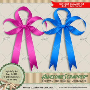 May include: Digital clip art bows in vibrant pink and blue. Each bow features long, flowing ribbons and a detailed knot. The image includes text: "Digital Clip Art Bows Set 142, 45 Individual Colors, 300 DPI - PNGS" and "Awesome Scrapper".
