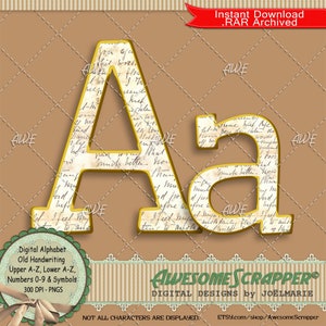 Ancien alphabet numérique d’écriture manuscrite par AwesomeScrapper, PNG 300 DPI de haute qualité, Cursive, Écriture manuscrite, Taché, Antique, Vieux