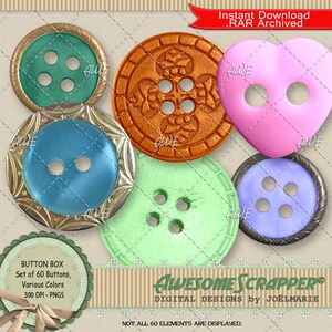 Clipart digital de caixa de botões por AwesomeScrapper - PNGs de alta qualidade, 300 DPI, conjunto de 60 botões em várias cores, 8 designs e tamanhos.