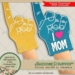 Sponge Hand Digital Clip Art de AwesomeScrapper - Alta calidad, PNG de 300 DPI, conjunto de 14, deportes, alegría, espíritu de equipo, número 1